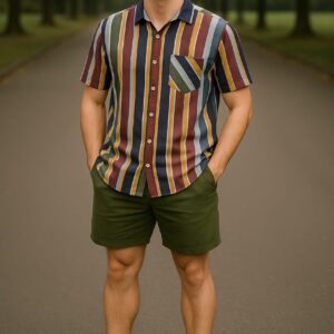 Shirt Top Striped Short Sleeve Men Blouse