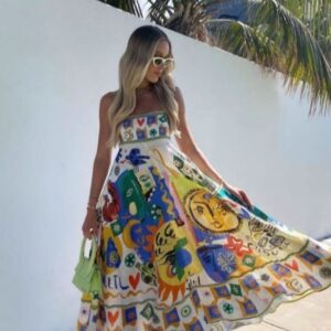 Womens Fashion Geometric Print Spaghetti Straps Long Maxi Beach Dress